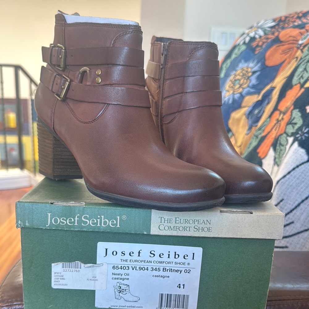 Josef Seibel Brown Leather Ankle Booties with Strap